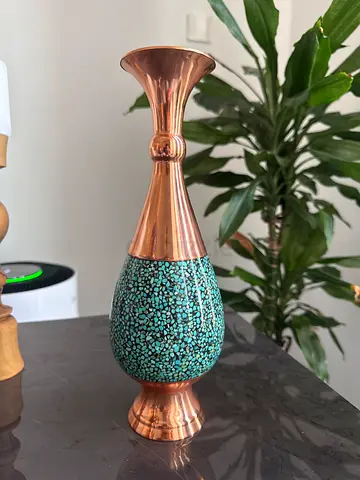 Handmade Persian Turquoise Inlay Copper Vase (Firoozeh Koobi) - Decorative Collectible