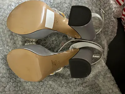 Silver high-heel sandals with ankle strap — barely used