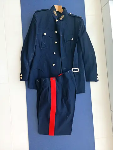 Mens Dark Blue Military-Style Dress Uniform Jacket and Trousers (Red Stripe)