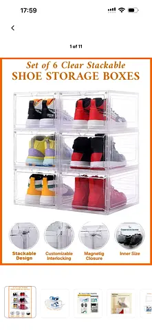 Set of 6 Clear Stackable Shoe Storage Boxes - Magnetic Closure