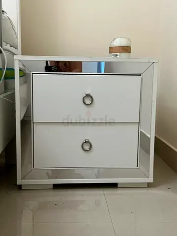 White mirrored bedside table with two drawers - good condition