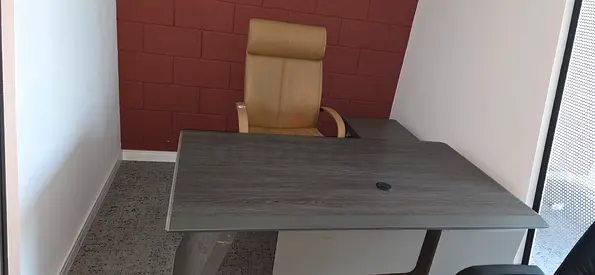 3 Office desk with ergonomic leather swivel chair - grey wood finish