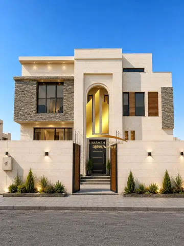 Luxury villa for sale in Al-Hawshi - three floors: ground, first, and roof, with 50% construction area: 6,100 square feet.