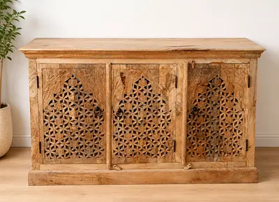 Marina Home Solid Wood Carved 3-Door Sideboard / Console Cabinet - Natural Finish
