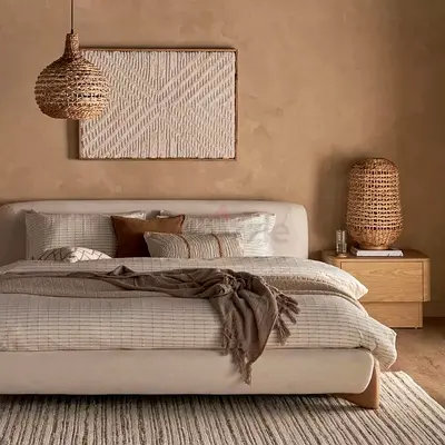 Minimal Beige Upholstered Bed with Wooden Nightstand and Rug