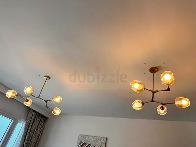 Pair of Modern Brass Ceiling Light Chandeliers with Glass Shades