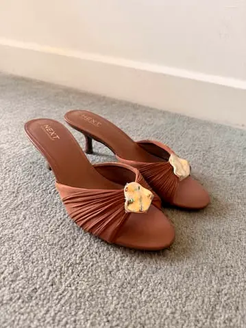 Brown ruched heeled mules with floral buckle, UK size 5 (Next)