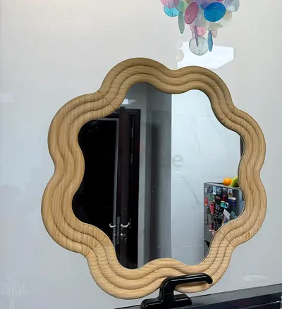Decorative scalloped wall mirror - light wood finish