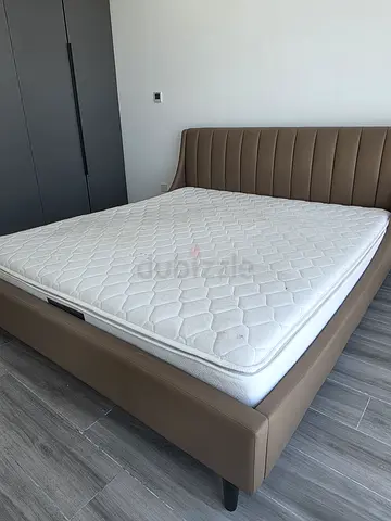 Modern leather-look double bed frame with mattress - good condition