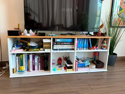 White low TV cabinet / media console with shelving