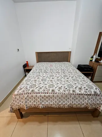 Wooden queen size Double Bed with Headboard, dresser mirror, meditated mattress, 2 side tables.