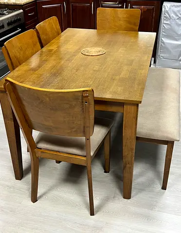 Solid Wood 6-Seater Dining Table with Bench and 4 Chairs - excellent Condition