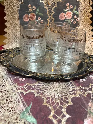 Set of Glass Cups with Gold Greek Key Detail