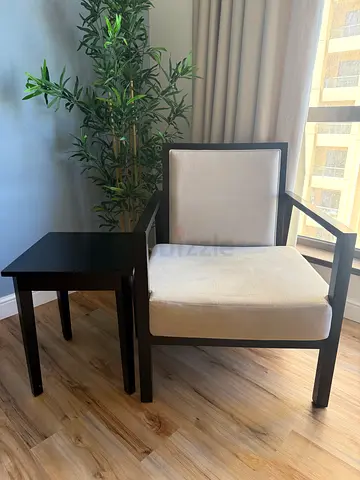Wooden Side Chair with Beige Cushion with or without Side Table