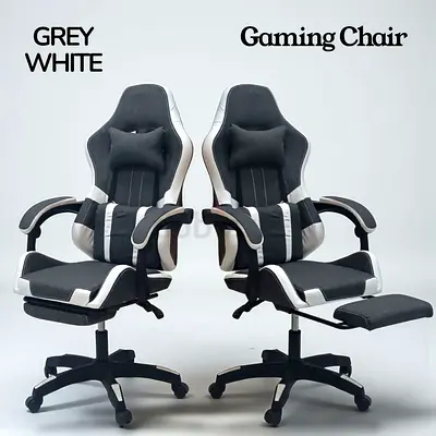 Gaming Chair, Grey  White With Footrest Padded Armrests, Adjustable Height, Headrest Cushion