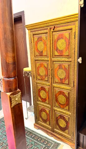 Marina Hand-carved Wooden Indian Armoire / Wardrobe with Brass Inlay
