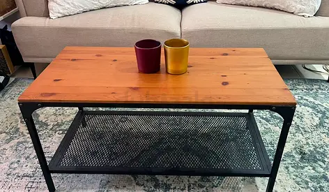 Wood Top Coffee Table with Metal Frame and Lower Shelf