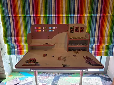 Pink Kids Study Desk with Integrated Shelving and Backboard      and   Kids play kitchen