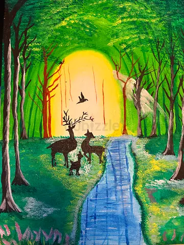 Hand-painted Forest Scene with Deer — Original Acrylic on Canvas