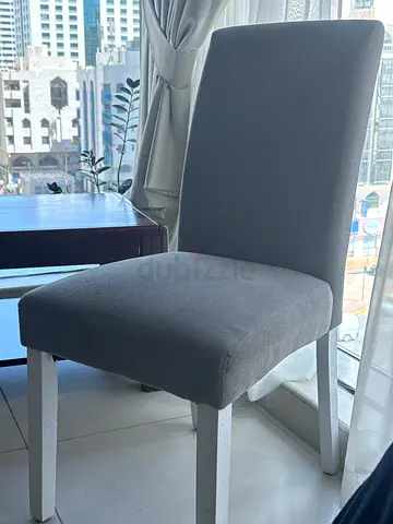 Compact grey dining/desk chair with white wooden legs - good condition