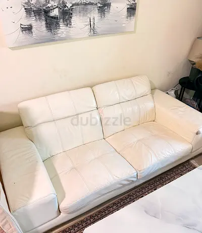 White Leather 3-Seater Sofa — Comfortable, Good Condition