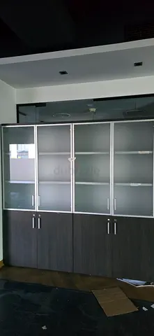 3 wardrobes Dark wood built-in wardrobe with frosted glass sliding doors — good condition