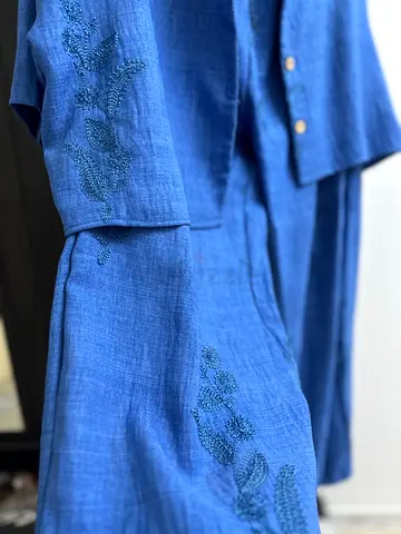 Blue embroidered two-piece womens set - lightweight linen blend, size approx M