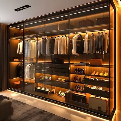 Modern Luxury Glass Wardrobe with Integrated LED Lighting