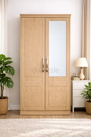 Modern Light Oak Wooden 2 Door Lockable Wardrobe with Mirror, Multi Shelves  Hanging Rod