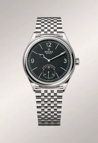 Rolex mens stainless steel watch — classic black dial, excellent condition