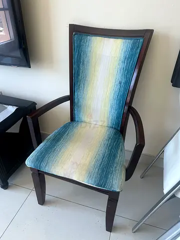 Wood Frame Armchair with Blue-Striped Upholstery
