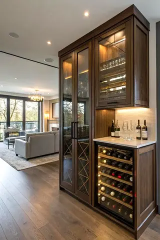 Solid Wood Built-in Wine  Bar Cabinet with Glass Doors