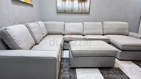 Large L-shaped Light Grey Fabric Sectional Sofa with Ottoman