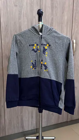 Grey  Navy Zip-Up Hoodie with Geometric Print — Good Condition