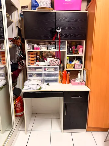 Used black  white wooden storage cabinet with drawers and open shelves