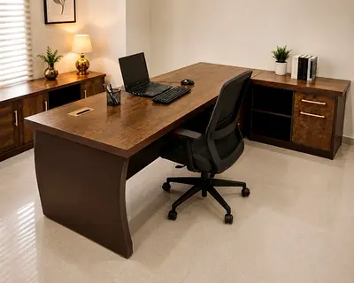 Solid Wood Executive Office Desk with Side Credenza - Dark Brown beautiful condition Lightly used...