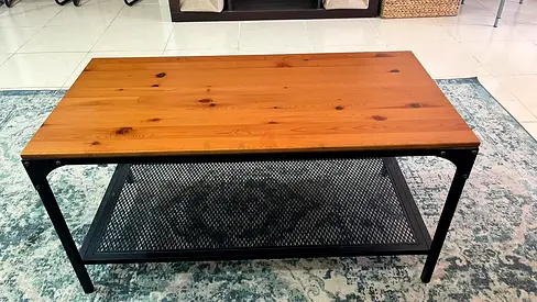 Wood Top Coffee Table with Metal Frame and Lower Shelf