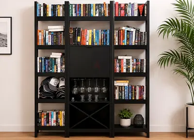Marina Home black bookcase / bar unit with integrated wine storage