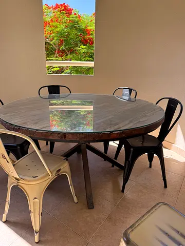 Round Wooden Dining Table with Metal Tolix Chairs - Set of 6. From lucky furniture