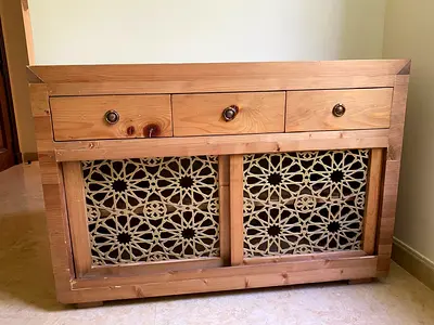 Solid Pine Wooden Sideboard with Decorative Carved Panels, 3 Drawers