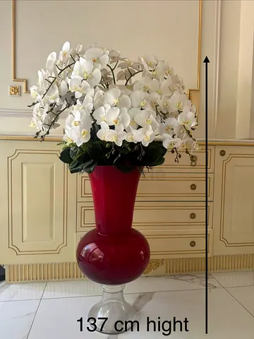 Artificial White Orchid Flowers with Premium Red Glass Vase , 137 cm hight