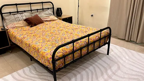 Metal Double Bed Frame with posturepeic Mattress (Good Condition) and mattress topper.
