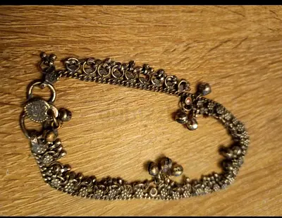 Vintage Rajasthan Silver-tone traditional anklet with dangling charms - KB100