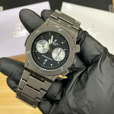 Hublot-style mens chronograph watch, black metal bracelet