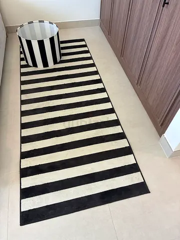 Pirate Themed Kids Black  White Striped Runner Rug — Long Hallway Runner, Good Condition