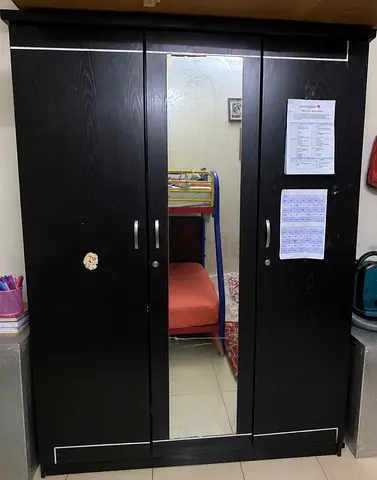 Black 3-Door Wardrobe with Central Mirror - Good Condition