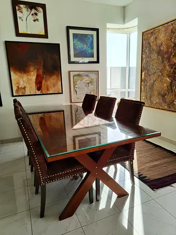 THE ONE Solid Wood Dining Table with Glass Top and 8 Chairs