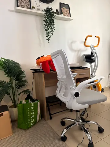 Brown White ergonomic swivel office chair and table
