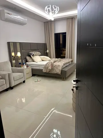 Modern Grey Upholstered Bed with Headboard and Nightstands from HomesRus.king size with mattress top