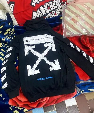 Off white Black hoodie with white stripe graphics, new one